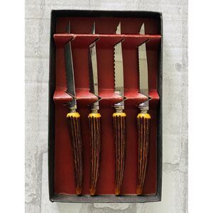 Four Vintage Regent Sheffield England Steak Knives Bakelite Faux Antler Handle
